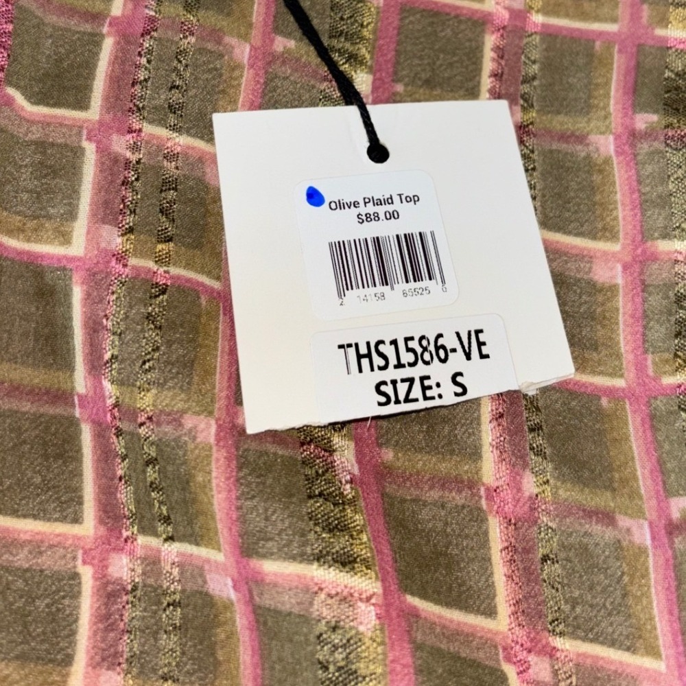 NWT THML Womens Olive Green Blush Plaid Puffer Sleeve Tie Closure Blouse Small - Picture 4 of 8